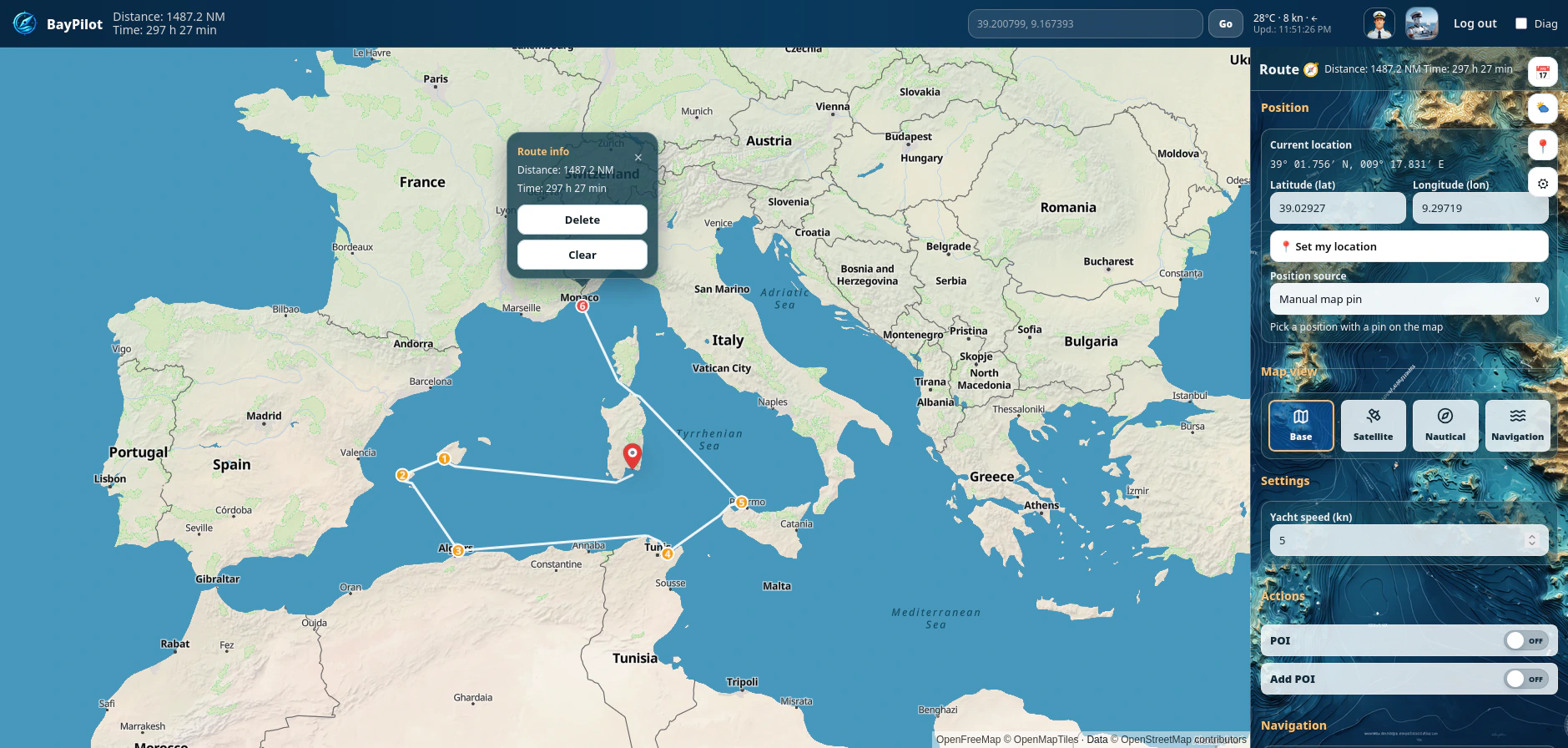 BayPilot — a planned marine route with intermediate stops
